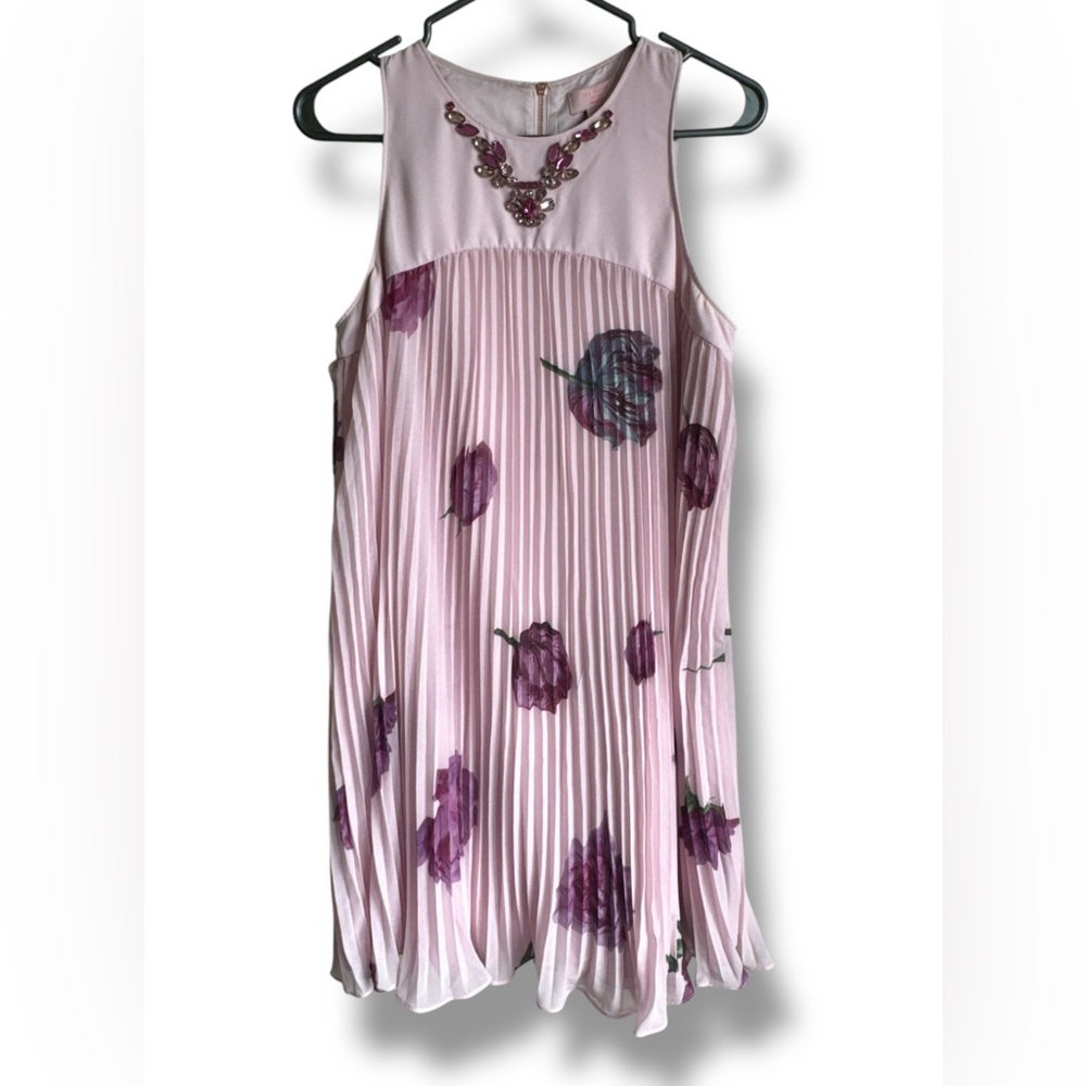 TED BAKER London Accordian Pleated Chiffon Jewel Midi Lined Dress Sz 2